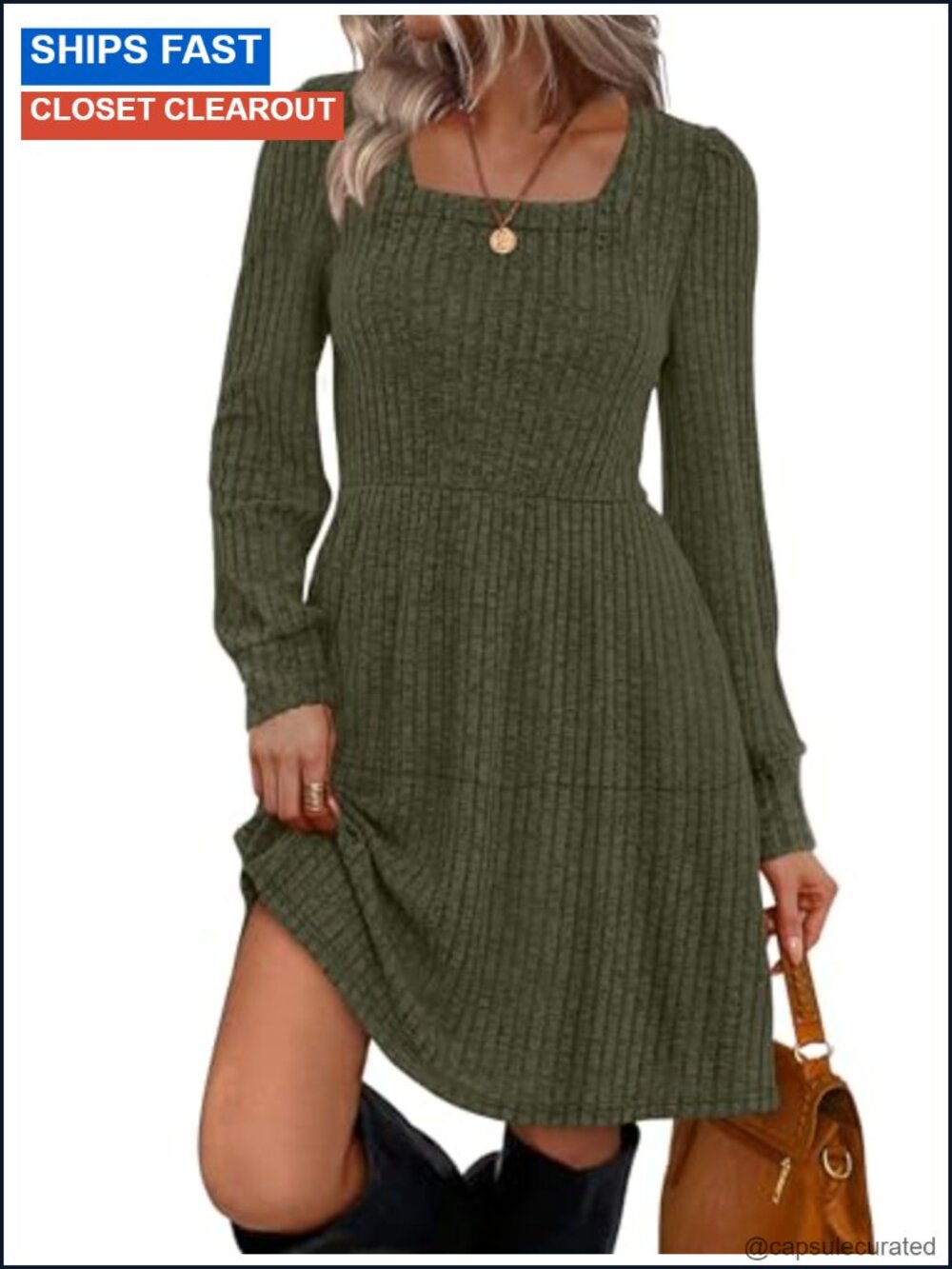 Womens Square Neck Babydoll Sweater Dress Long Sleeve Casual Fall Tunic Midi